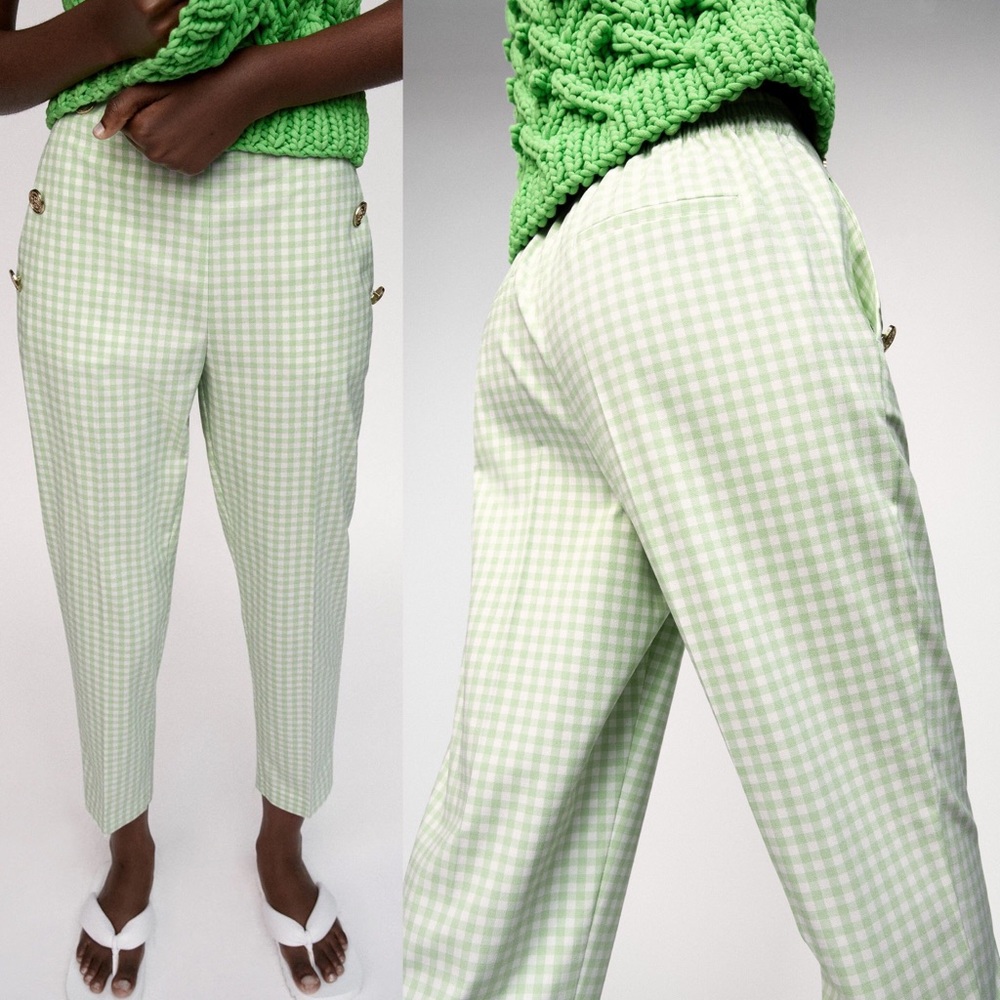 Zara GINGHAM STRAIGHT LEG High-waist Pants NEW